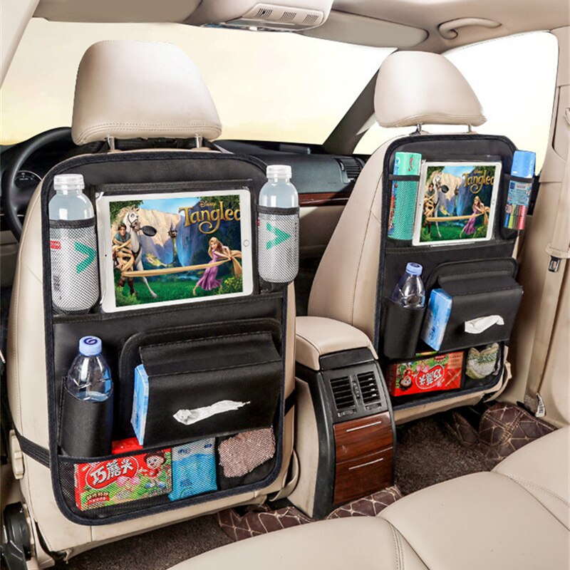 Car seat backrest multifunctional storage bag garbage bag with touch screen flat tissue box to protect children's auto parts