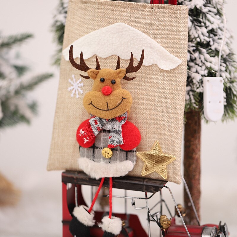 Yickyue 20cm Christmas Linen Tote Bag Xmas Kids Gift Bag Santa Claus Snowman Elk Candy Bag Merry Christma Storage Bag Happy New Year