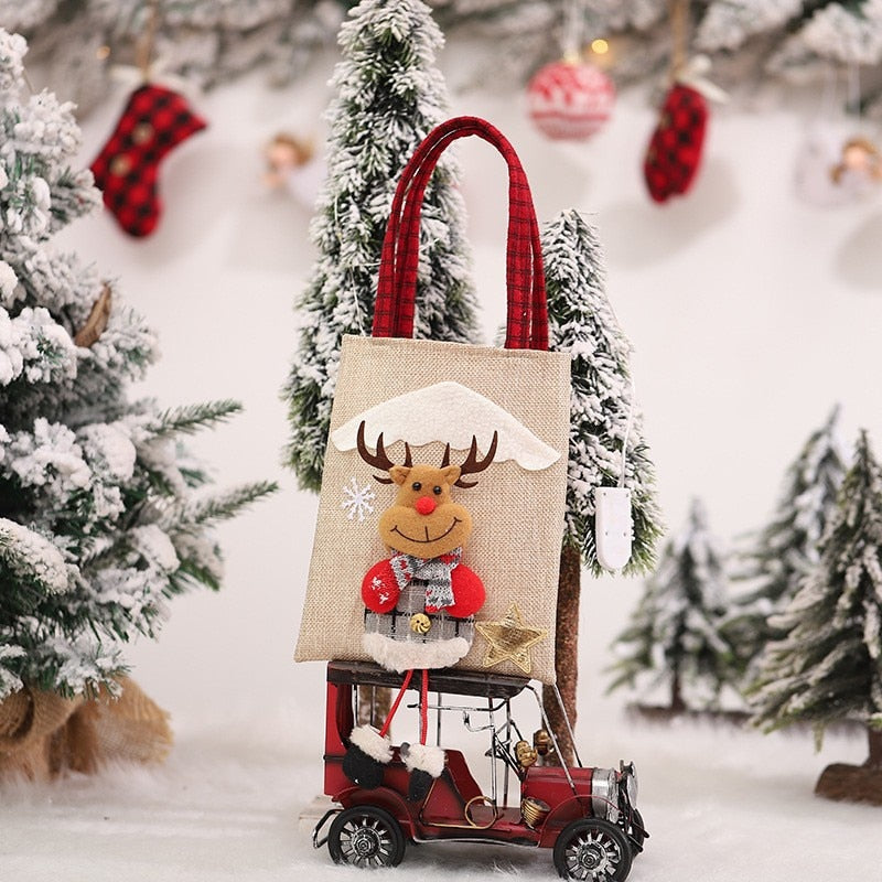 Yickyue 20cm Christmas Linen Tote Bag Xmas Kids Gift Bag Santa Claus Snowman Elk Candy Bag Merry Christma Storage Bag Happy New Year
