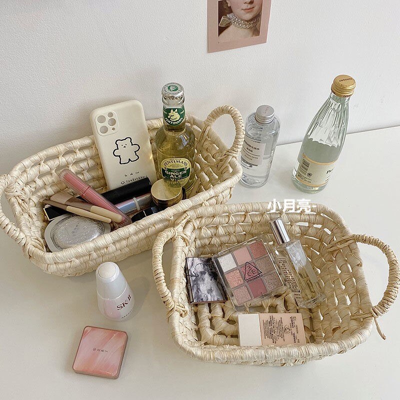 Simple Style Straw Storage Basket Storage Basket Corn Husk Woven Basket Multi-functional Storage Basket For Living Room Bedroom
