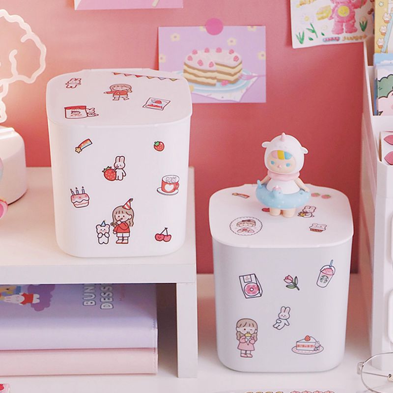 Ins Desktop Plastic Trash Bin Office Table Stationery Cosmetics Storage Box Small Garbage Can with Lid Mini Trash Can Bedroom