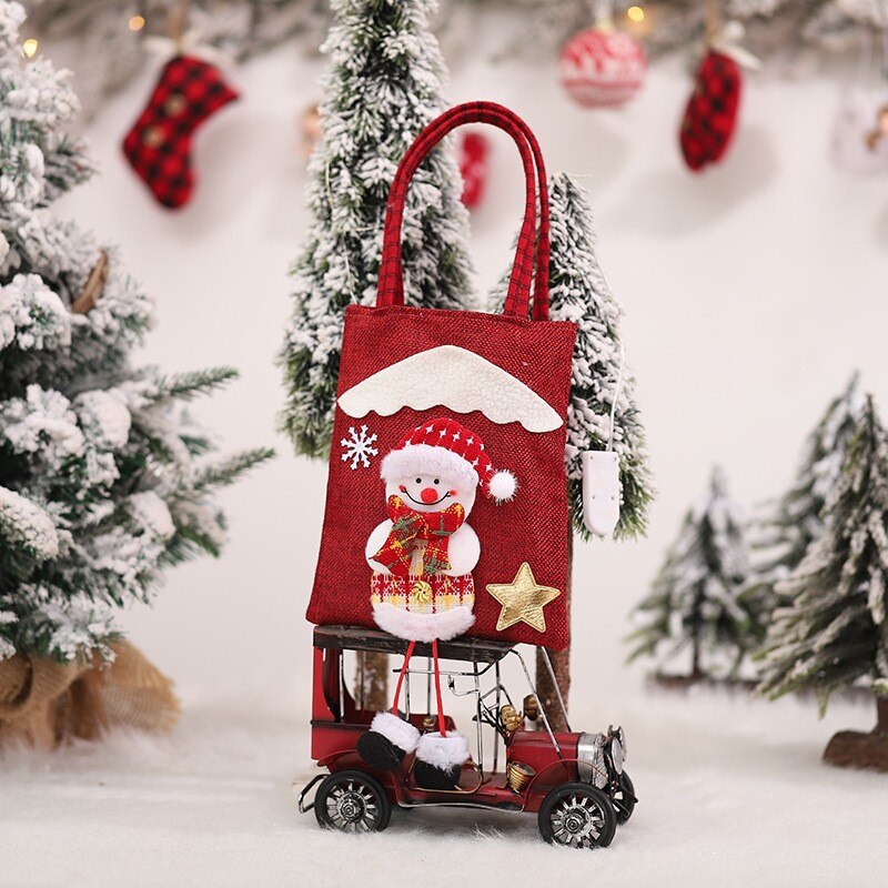 Yickyue 20cm Christmas Linen Tote Bag Xmas Kids Gift Bag Santa Claus Snowman Elk Candy Bag Merry Christma Storage Bag Happy New Year