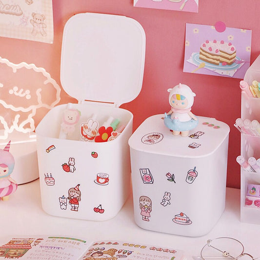 Ins Desktop Plastic Trash Bin Office Table Stationery Cosmetics Storage Box Small Garbage Can with Lid Mini Trash Can Bedroom