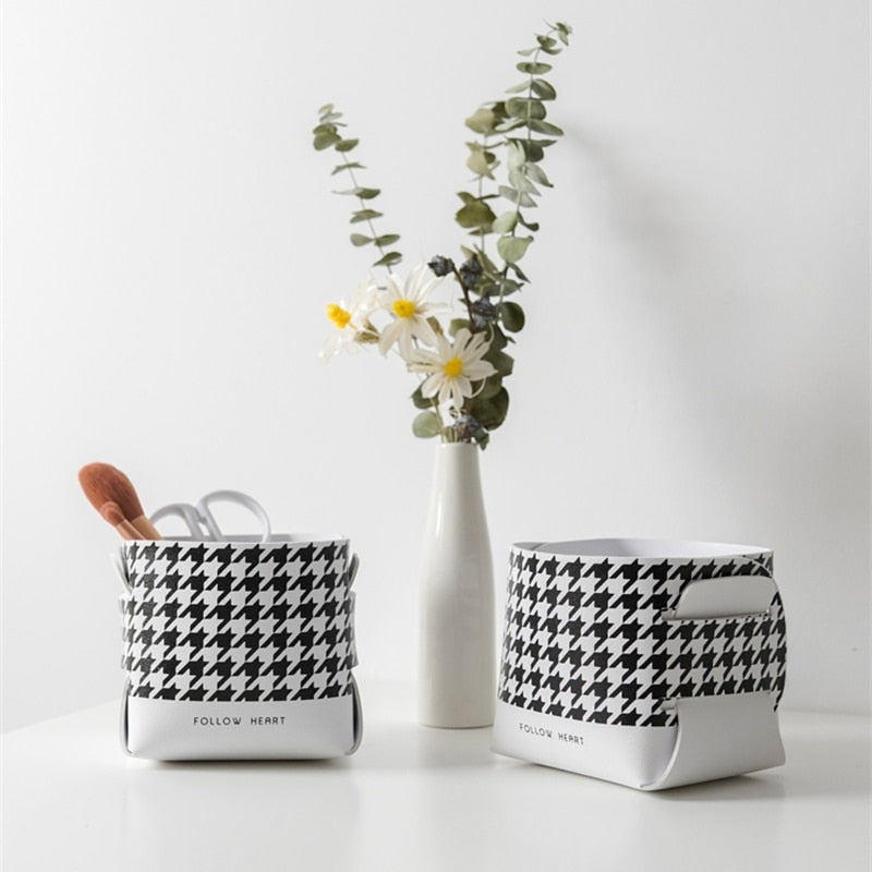 Shoe Cabinet Entrance Key Desktop Storage Box PU Leather Houndstooth Cosmetics Brush Lipstick Jewelry Storage Sundries Basket