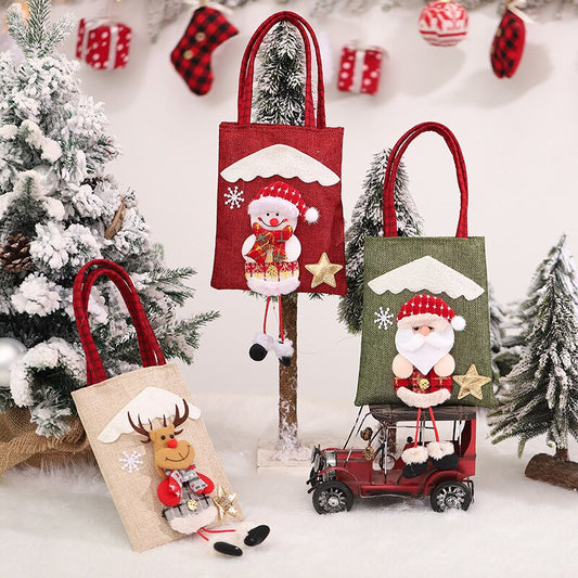 Yickyue 20cm Christmas Linen Tote Bag Xmas Kids Gift Bag Santa Claus Snowman Elk Candy Bag Merry Christma Storage Bag Happy New Year