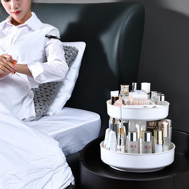 360 Degree Rotating Makeup Organizer Cosmetic Storage Box Fruit Dish Spice Rack Kitchen Accessories Plastic Box Multifunctional