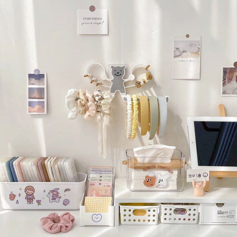 INS Cartoon Bear Hair Clips Holder Wall-mounted Girls Hairpin Storage Rack Headband Barrettes Organizer  Punch-free Storage Rack