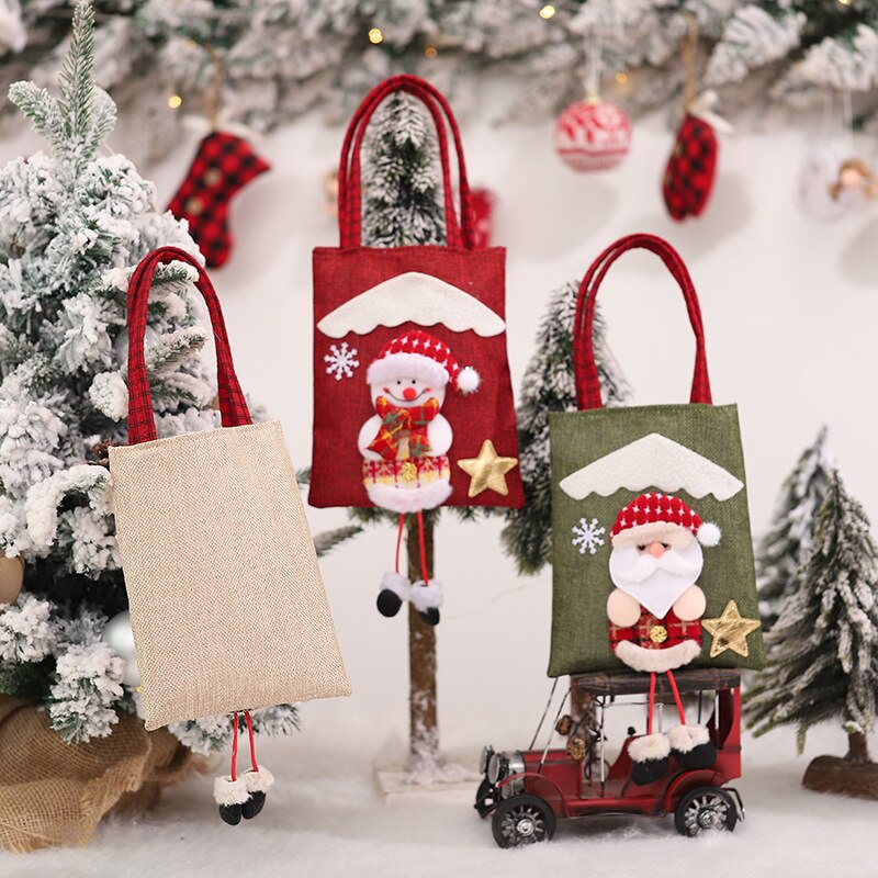 Yickyue 20cm Christmas Linen Tote Bag Xmas Kids Gift Bag Santa Claus Snowman Elk Candy Bag Merry Christma Storage Bag Happy New Year