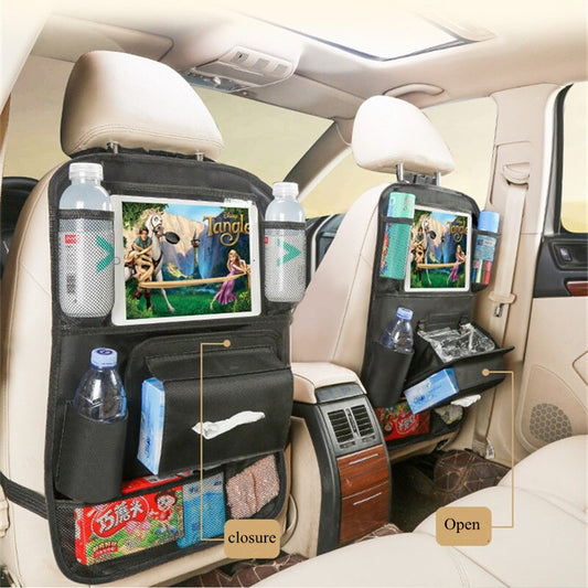 Car seat backrest multifunctional storage bag garbage bag with touch screen flat tissue box to protect children's auto parts