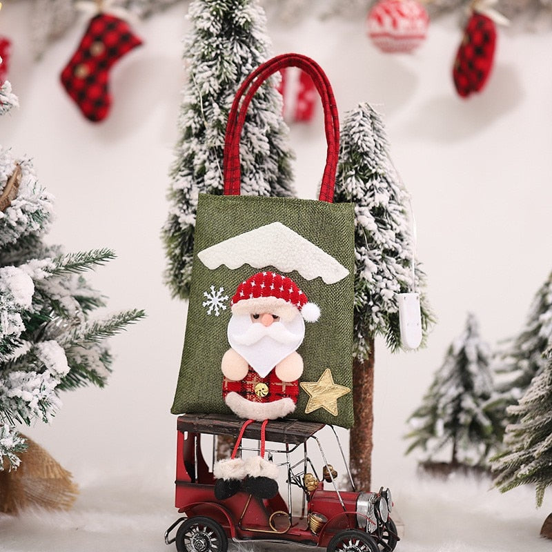 Yickyue 20cm Christmas Linen Tote Bag Xmas Kids Gift Bag Santa Claus Snowman Elk Candy Bag Merry Christma Storage Bag Happy New Year