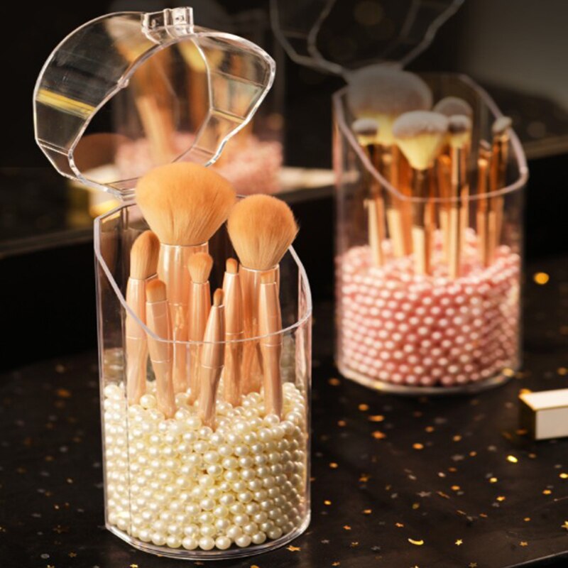 Transparent Cosmetic Organizer Makeup Brush Storage Box Pearl Plastic Box Dust Storage Tube Bathroom Accessories High Capacity