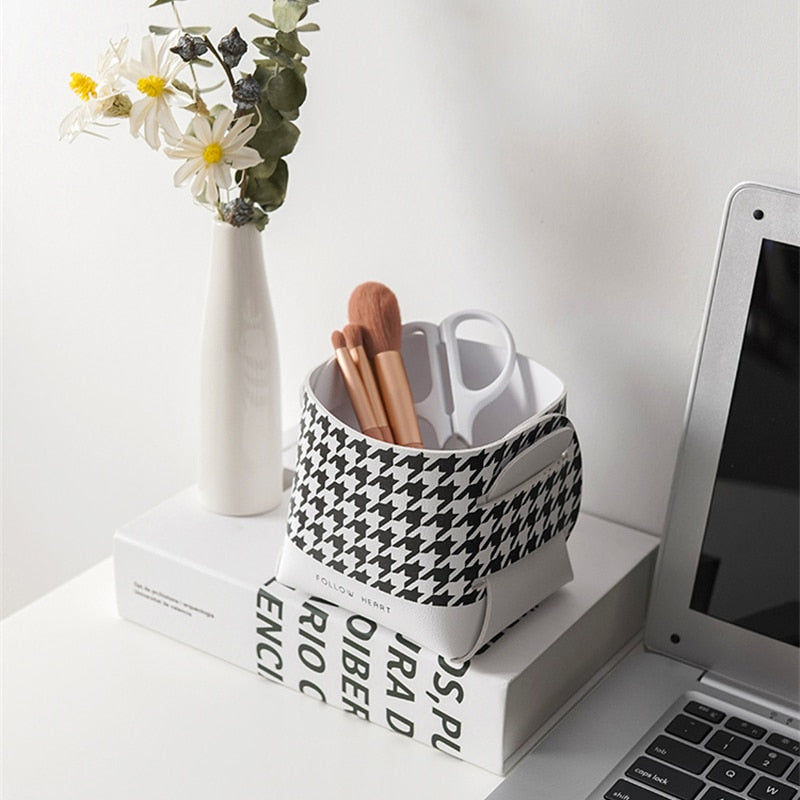 Shoe Cabinet Entrance Key Desktop Storage Box PU Leather Houndstooth Cosmetics Brush Lipstick Jewelry Storage Sundries Basket