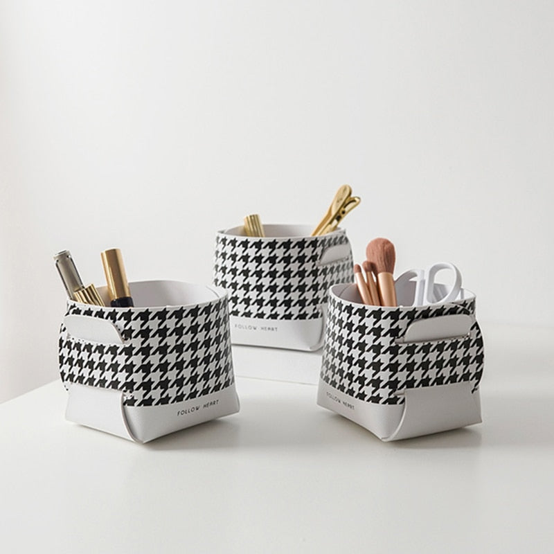 Shoe Cabinet Entrance Key Desktop Storage Box PU Leather Houndstooth Cosmetics Brush Lipstick Jewelry Storage Sundries Basket