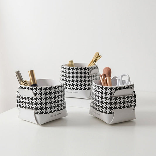 Shoe Cabinet Entrance Key Desktop Storage Box PU Leather Houndstooth Cosmetics Brush Lipstick Jewelry Storage Sundries Basket